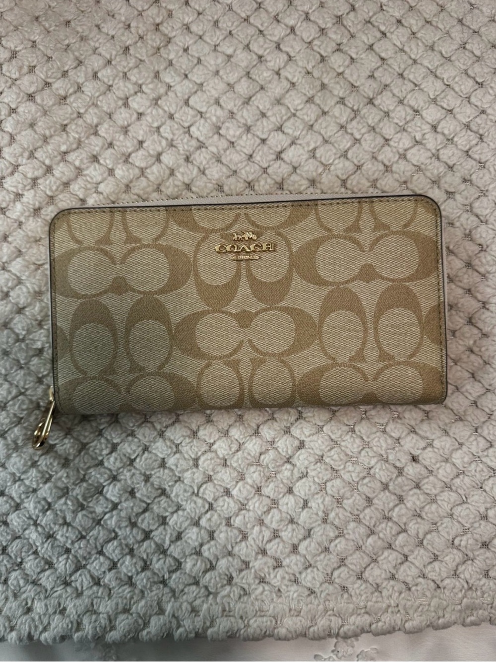 Coach Beige and Saddle Signature Canvas Wallet with Gold Logo